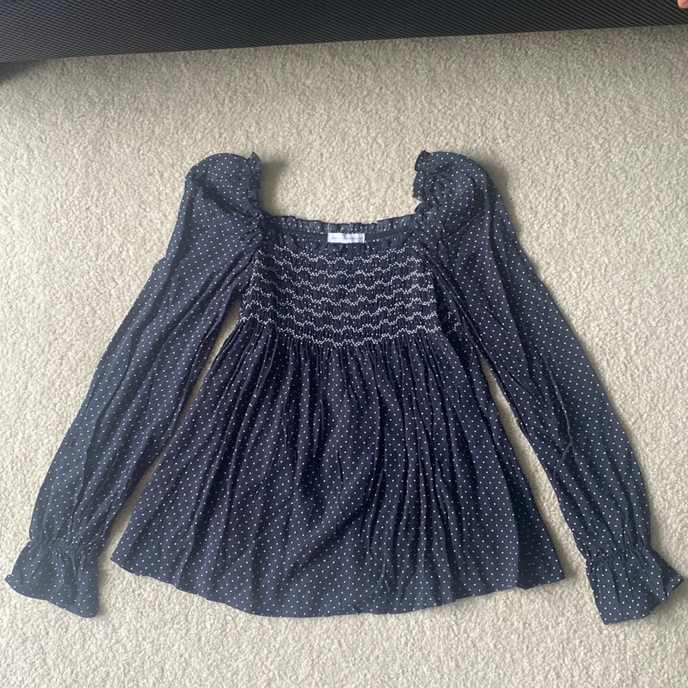 NWT Long-sleeve Smocked Polka Dot Blouse with Flare Sleeves